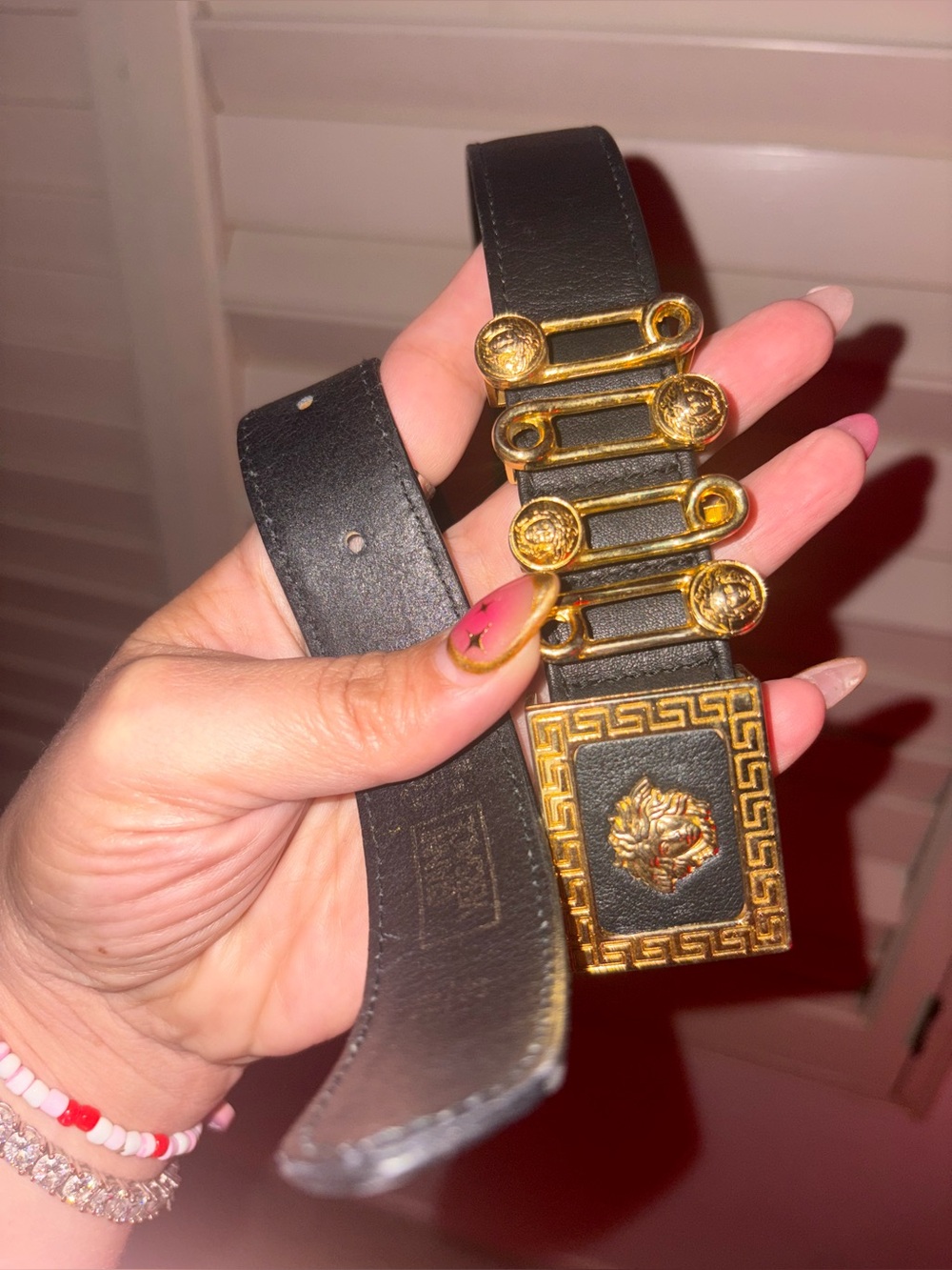 Versace Black Leather Belt with Gold Medusa & Safety Pin Motif Buckle